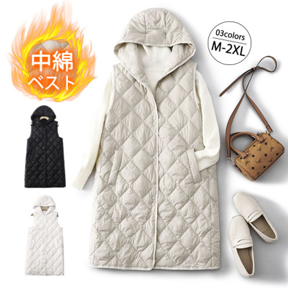 中綿ベスト ダウンベスト キルティング レディース フード付き キルティングベスト ロングジレ 大きいサイズ ジレ ジャケット ベスト 中綿 フェイクダウン