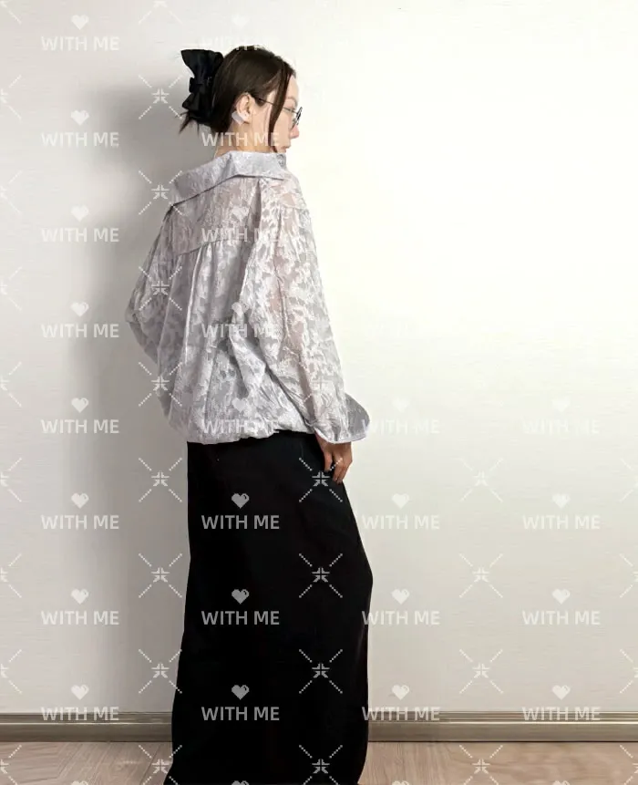 シャツ レディース ブラウス 長袖 シアーシャツ レースオケージョン トップス ジャガード生地 チュニック 薄手 オーバーシャツ ビッグサイズ 大きいサイズ 彼シャツ ロングシャツ 透け感 花柄 バルーンスリーブ カジュアル ゆったり きれいめ 夏