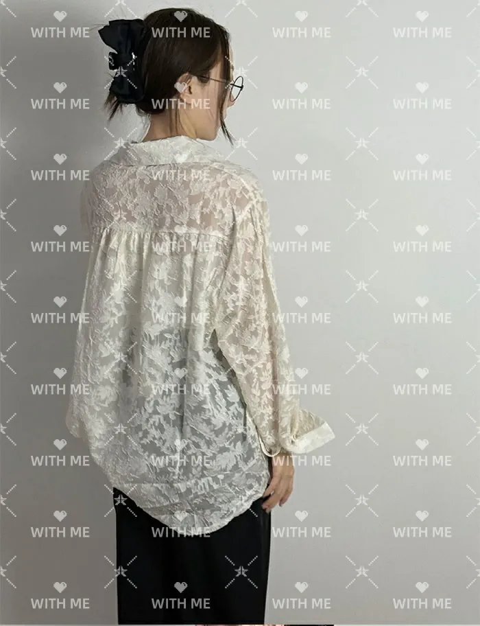 シャツ レディース ブラウス 長袖 シアーシャツ レースオケージョン トップス ジャガード生地 チュニック 薄手 オーバーシャツ ビッグサイズ 大きいサイズ 彼シャツ ロングシャツ 透け感 花柄 バルーンスリーブ カジュアル ゆったり きれいめ 夏