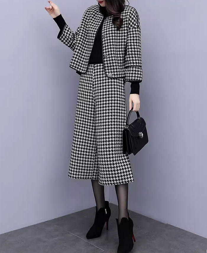 パンツスーツ セットアップ レディース ジャケット ママスーツ 千鳥格子 ツイード パンツ ワイドパンツ ロングパンツ ハイウエスト スーツ 2点セット パンツドレス 大きいサイズ ゆったりシルエット カジュアル 春 通勤 上下セット