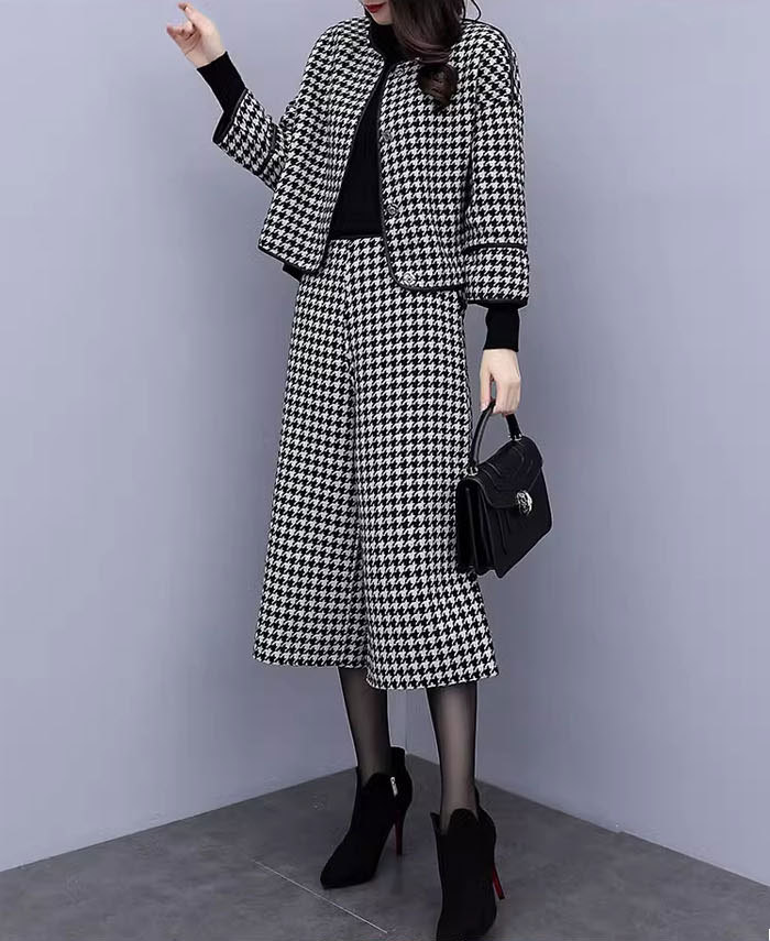 パンツスーツ セットアップ レディース ジャケット ママスーツ 千鳥格子 ツイード パンツ ワイドパンツ ロングパンツ ハイウエスト スーツ 2点セット パンツドレス 大きいサイズ ゆったりシルエット カジュアル 春 通勤 上下セット