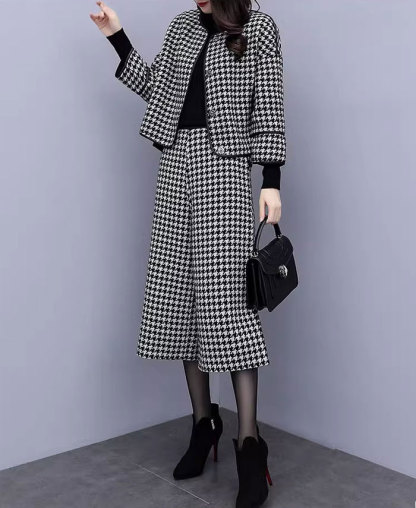 パンツスーツ セットアップ レディース ジャケット ママスーツ 千鳥格子 ツイード パンツ ワイドパンツ ロングパンツ ハイウエスト スーツ 2点セット パンツドレス 大きいサイズ ゆったりシルエット カジュアル 春 通勤 上下セット
