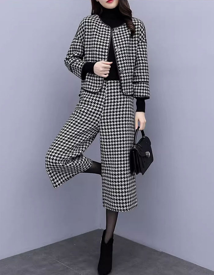 パンツスーツ セットアップ レディース ジャケット ママスーツ 千鳥格子 ツイード パンツ ワイドパンツ ロングパンツ ハイウエスト スーツ 2点セット パンツドレス 大きいサイズ ゆったりシルエット カジュアル 春 通勤 上下セット