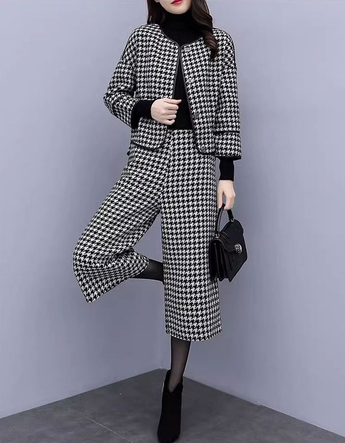 パンツスーツ セットアップ レディース ジャケット ママスーツ 千鳥格子 ツイード パンツ ワイドパンツ ロングパンツ ハイウエスト スーツ 2点セット パンツドレス 大きいサイズ ゆったりシルエット カジュアル 春 通勤 上下セット