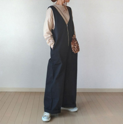 サロペット オールインワン レディース ワイドパンツ きれいめ 黒 大きめ 大きいサイズ ノースリーブ 無地 オーバーオール ロング つなぎ ワイド シンプル ポケット Ｖネック 楽ちん カジュアル 体型カバー 春夏 マタニティ きれいめ ゆったり 大人可愛い 送料無料