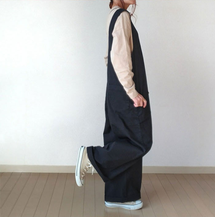 サロペット オールインワン レディース ワイドパンツ きれいめ 黒 大きめ 大きいサイズ ノースリーブ 無地 オーバーオール ロング つなぎ ワイド シンプル ポケット Ｖネック 楽ちん カジュアル 体型カバー 春夏 マタニティ きれいめ ゆったり 大人可愛い 送料無料