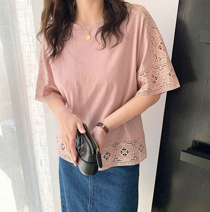 ブラウス レディース シャツ tシャツ ビッグシルエット 透かし編み トップス 体型カバー 着痩せ 大きいサイズ 楽ゆる クルーネック オーバーサイズ 五分袖 チュニック きれいめ オフィス ゆったり 黒 春 夏