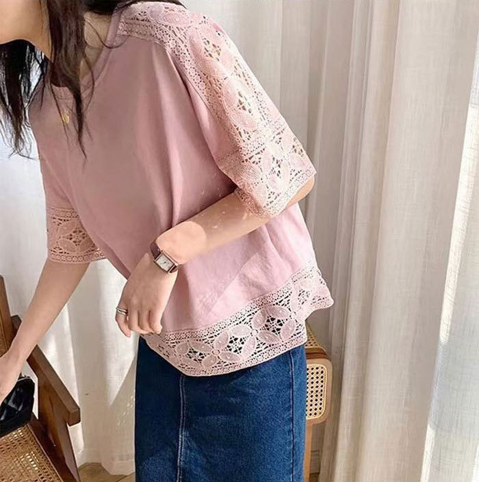 ブラウス レディース シャツ tシャツ ビッグシルエット 透かし編み トップス 体型カバー 着痩せ 大きいサイズ 楽ゆる クルーネック オーバーサイズ 五分袖 チュニック きれいめ オフィス ゆったり 黒 春 夏