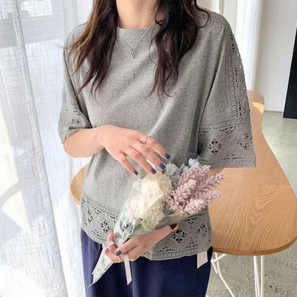 ブラウス レディース シャツ tシャツ ビッグシルエット 透かし編み トップス 体型カバー 着痩せ 大きいサイズ 楽ゆる クルーネック オーバーサイズ 五分袖 チュニック きれいめ オフィス ゆったり 黒 春 夏