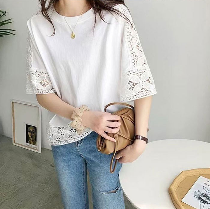 ブラウス レディース シャツ tシャツ ビッグシルエット 透かし編み トップス 体型カバー 着痩せ 大きいサイズ 楽ゆる クルーネック オーバーサイズ 五分袖 チュニック きれいめ オフィス ゆったり 黒 春 夏