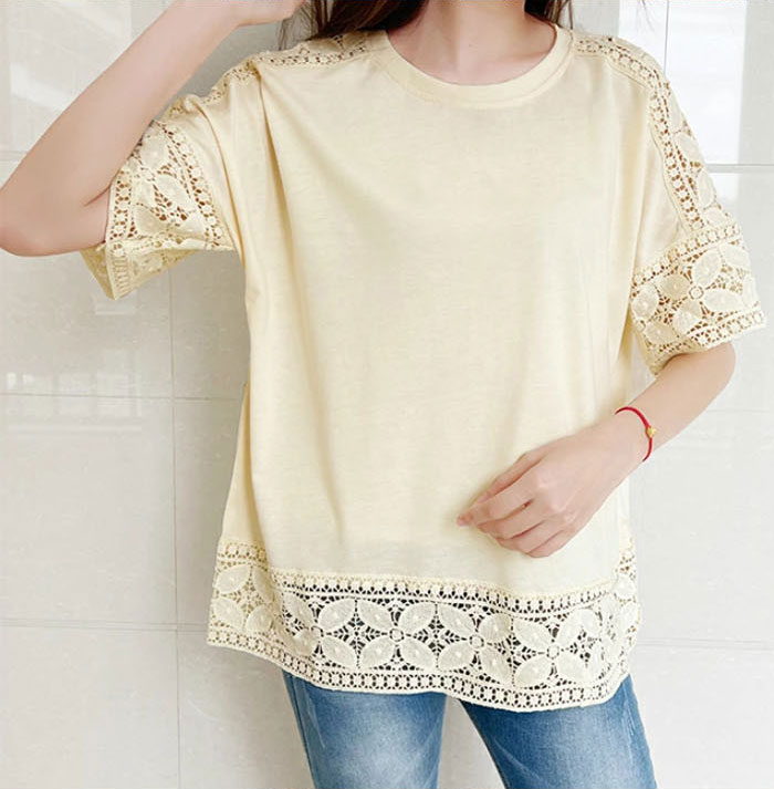 ブラウス レディース シャツ tシャツ ビッグシルエット 透かし編み トップス 体型カバー 着痩せ 大きいサイズ 楽ゆる クルーネック オーバーサイズ 五分袖 チュニック きれいめ オフィス ゆったり 黒 春 夏