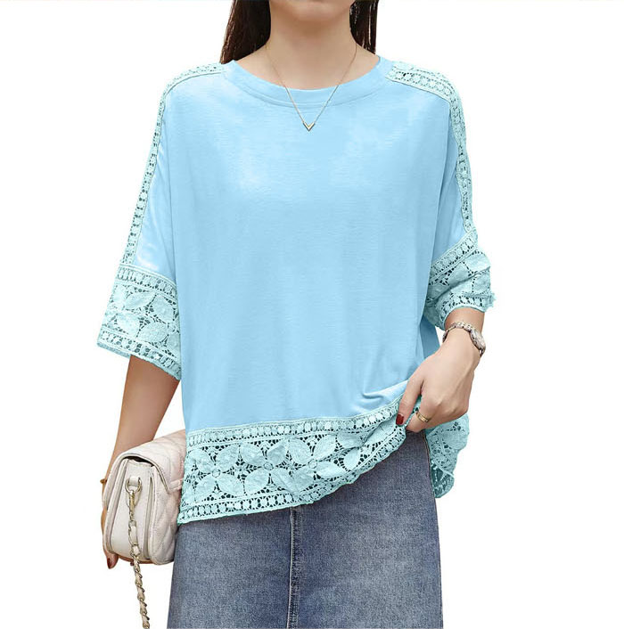 ブラウス レディース シャツ tシャツ ビッグシルエット 透かし編み トップス 体型カバー 着痩せ 大きいサイズ 楽ゆる クルーネック オーバーサイズ 五分袖 チュニック きれいめ オフィス ゆったり 黒 春 夏