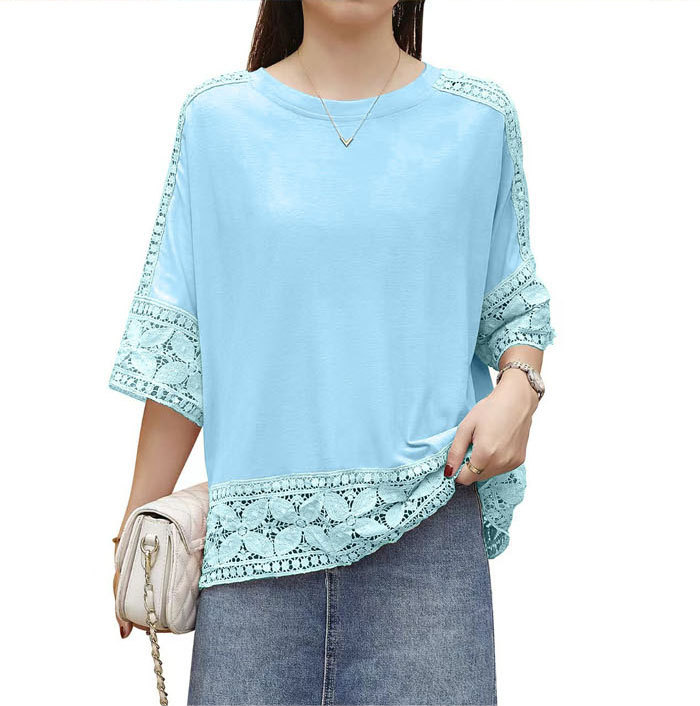 ブラウス レディース シャツ tシャツ ビッグシルエット 透かし編み トップス 体型カバー 着痩せ 大きいサイズ 楽ゆる クルーネック オーバーサイズ 五分袖 チュニック きれいめ オフィス ゆったり 黒 春 夏