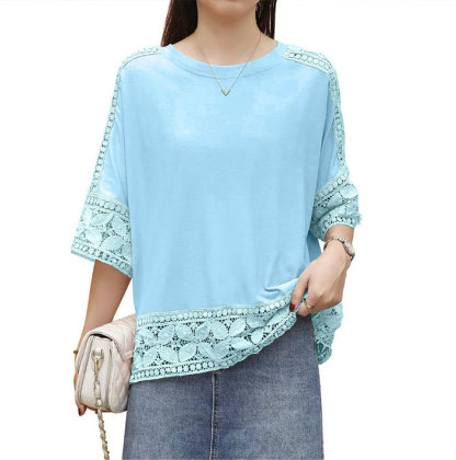 ブラウス レディース シャツ tシャツ ビッグシルエット 透かし編み トップス 体型カバー 着痩せ 大きいサイズ 楽ゆる クルーネック オーバーサイズ 五分袖 チュニック きれいめ オフィス ゆったり 黒 春 夏