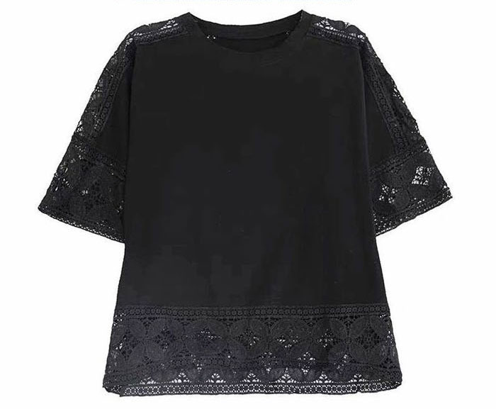 ブラウス レディース シャツ tシャツ ビッグシルエット 透かし編み トップス 体型カバー 着痩せ 大きいサイズ 楽ゆる クルーネック オーバーサイズ 五分袖 チュニック きれいめ オフィス ゆったり 黒 春 夏