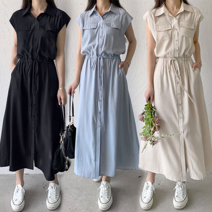 ミモレ丈ワンピース 夏 レディース ワンピース マキシ丈 ミモレ丈 襟付き きれいめ ノースリーブ シャツワンピース 楽ちん 体型カバー ロング 上品 フレンチスリーブ 大人可愛い 綿混 ゆったり シンプル 無地 カジュアル デイリー 送料無料