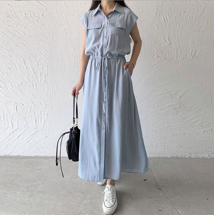 ミモレ丈ワンピース 夏 レディース ワンピース マキシ丈 ミモレ丈 襟付き きれいめ ノースリーブ シャツワンピース 楽ちん 体型カバー ロング 上品 フレンチスリーブ 大人可愛い 綿混 ゆったり シンプル 無地 カジュアル デイリー 送料無料