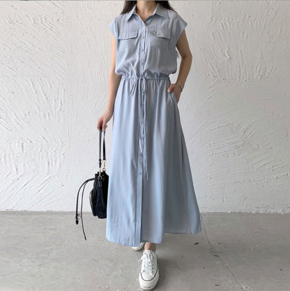 ミモレ丈ワンピース 夏 レディース ワンピース マキシ丈 ミモレ丈 襟付き きれいめ ノースリーブ シャツワンピース 楽ちん 体型カバー ロング 上品 フレンチスリーブ 大人可愛い 綿混 ゆったり シンプル 無地 カジュアル デイリー 送料無料
