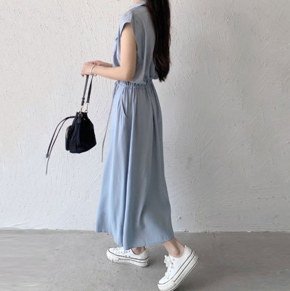 ミモレ丈ワンピース 夏 レディース ワンピース マキシ丈 ミモレ丈 襟付き きれいめ ノースリーブ シャツワンピース 楽ちん 体型カバー ロング 上品 フレンチスリーブ 大人可愛い 綿混 ゆったり シンプル 無地 カジュアル デイリー 送料無料