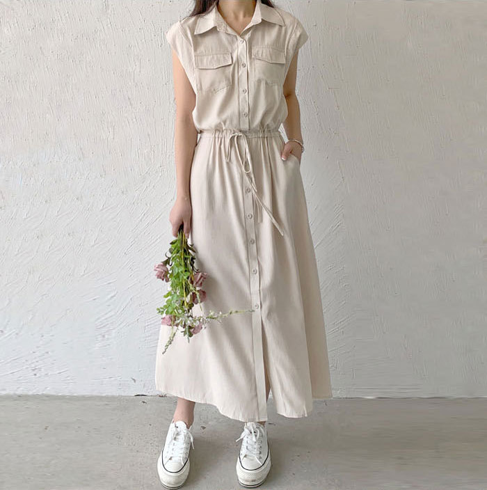 ミモレ丈ワンピース 夏 レディース ワンピース マキシ丈 ミモレ丈 襟付き きれいめ ノースリーブ シャツワンピース 楽ちん 体型カバー ロング 上品 フレンチスリーブ 大人可愛い 綿混 ゆったり シンプル 無地 カジュアル デイリー 送料無料