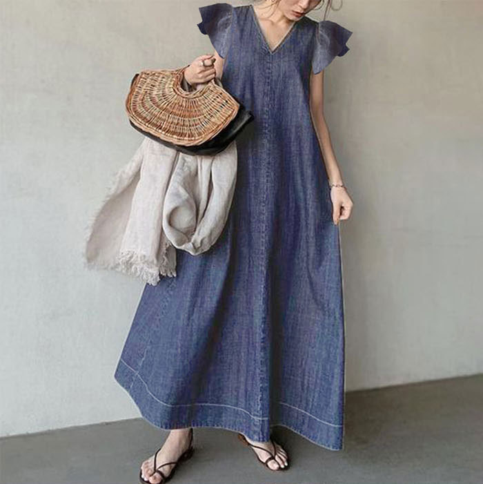 ワンピース 夏 レディース ノースリーブワンピース フレア袖ワンピース デニム フレア袖 ノースリーブ Vネック ロングワンピース マキシワンピース マキシ丈 Aライン ゆったり 半袖 体型カバー 大きいサイズ シンプル おしゃれ きれいめ 20 30 40 50代