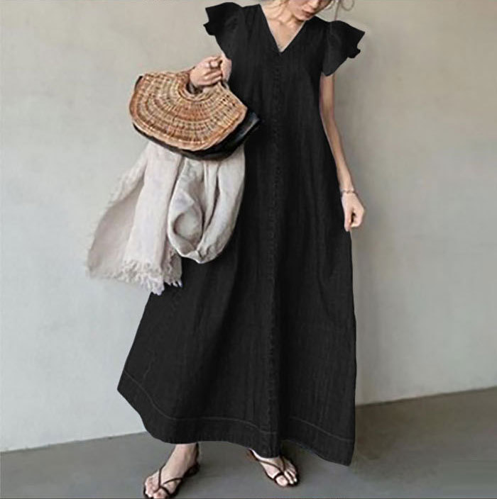 ワンピース 夏 レディース ノースリーブワンピース フレア袖ワンピース デニム フレア袖 ノースリーブ Vネック ロングワンピース マキシワンピース マキシ丈 Aライン ゆったり 半袖 体型カバー 大きいサイズ シンプル おしゃれ きれいめ 20 30 40 50代