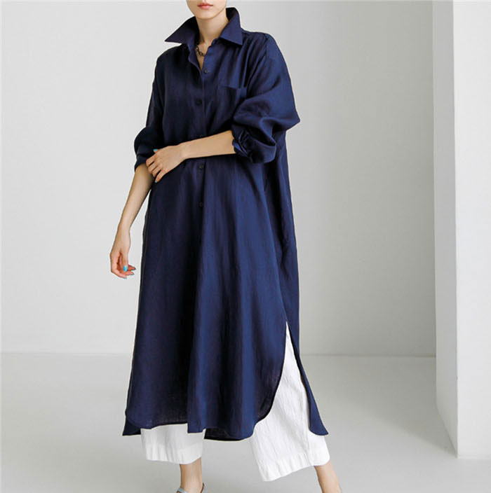 ロングシャツワンピース シャツワンピース 長袖 レディース 綿麻 大きいサイズ 立ち襟 マキシワンピース ゆったり 30代 40代 Vネック 無地 ゆったり スリット 体型カバー ロング丈 ロングワンピース カジュアル きれいめ 可愛い 大人 オシャレ 送料無料