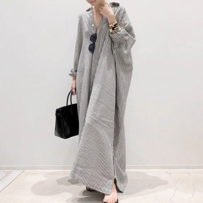 シャツワンピース 大きいサイズ 長袖 綿麻 ロングシャツ ワンピース レディース 春 夏 マキシワンピース シャツワンピ ボーダーシャツワンピース ロング丈 おしゃれ ゆったり カジュアル きれいめ スリット入り ストライプ 薄手 送料無料