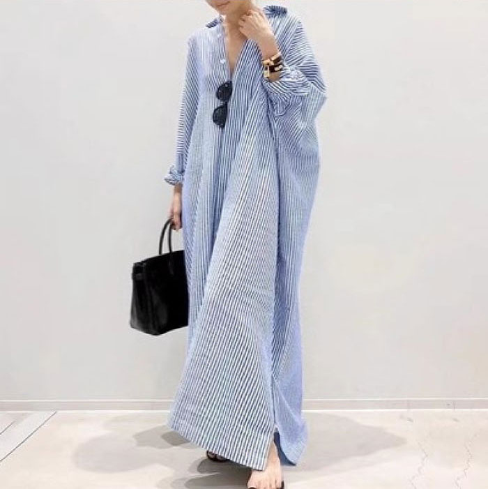 シャツワンピース 大きいサイズ 長袖 綿麻 ロングシャツ ワンピース レディース 春 夏 マキシワンピース シャツワンピ ボーダーシャツワンピース ロング丈 おしゃれ ゆったり カジュアル きれいめ スリット入り ストライプ 薄手 送料無料
