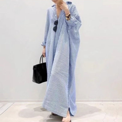シャツワンピース 大きいサイズ 長袖 綿麻 ロングシャツ ワンピース レディース 春 夏 マキシワンピース シャツワンピ ボーダーシャツワンピース ロング丈 おしゃれ ゆったり カジュアル きれいめ スリット入り ストライプ 薄手 送料無料