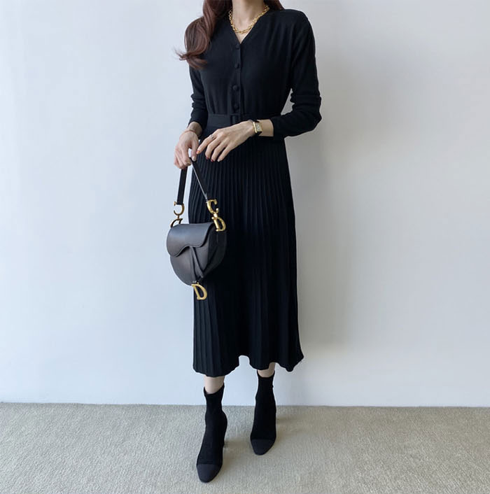 ニットワンピース きれいめ ワンピース 長袖 ニット Aライン 春秋 ロングワンピース レディース  ハイウエスト 脚長効果 無地 カジュアル 体型カバー 大きいサイズ 秋 冬 プリーツ 着痩せ おしゃれ  大人可愛い 30代 40代 送料無料