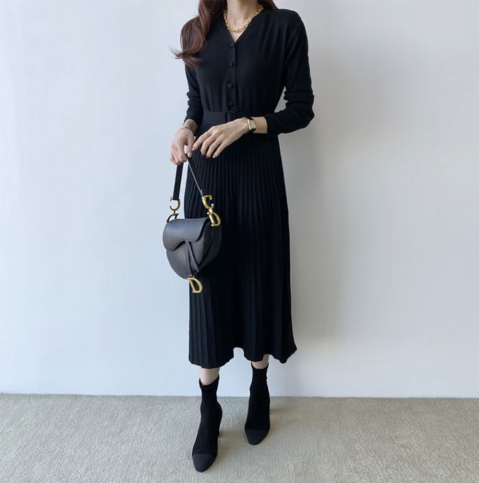 ニットワンピース きれいめ ワンピース 長袖 ニット Aライン 春秋 ロングワンピース レディース  ハイウエスト 脚長効果 無地 カジュアル 体型カバー 大きいサイズ 秋 冬 プリーツ 着痩せ おしゃれ  大人可愛い 30代 40代 送料無料