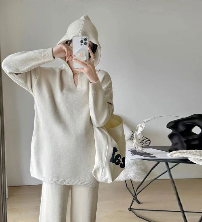 セットアップ パンツスーツ レディース 2点セット ニット 長袖 パーカー フード付き ワイドパンツ 春秋冬 ロング パンツ 上下セット 高級感 大きいサイズ 着痩せ 体型カバー カジュアル きれいめ 無地 通勤 OL オフィス
