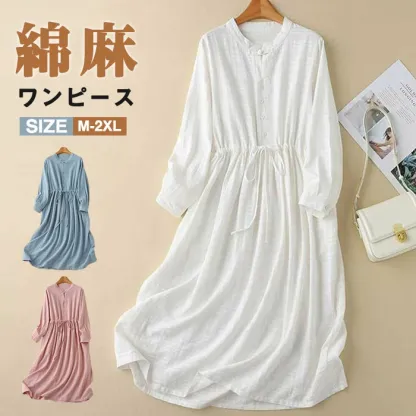 シャツワンピース 長袖 綿麻 無地 シャツワンピ レディース ロング丈 おしゃれ 春 春秋 きれいめ 長袖シャツワンピ シャツ ロングワンピース 体型カバー コットンリネン 柔らか 体型カバー 日常着 カジュアル 大人可愛い ゆるっと 20代 30代 40代 50代