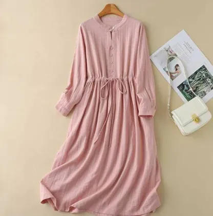 シャツワンピース 長袖 綿麻 無地 シャツワンピ レディース ロング丈 おしゃれ 春 春秋 きれいめ 長袖シャツワンピ シャツ ロングワンピース 体型カバー コットンリネン 柔らか 体型カバー 日常着 カジュアル 大人可愛い ゆるっと 20代 30代 40代 50代