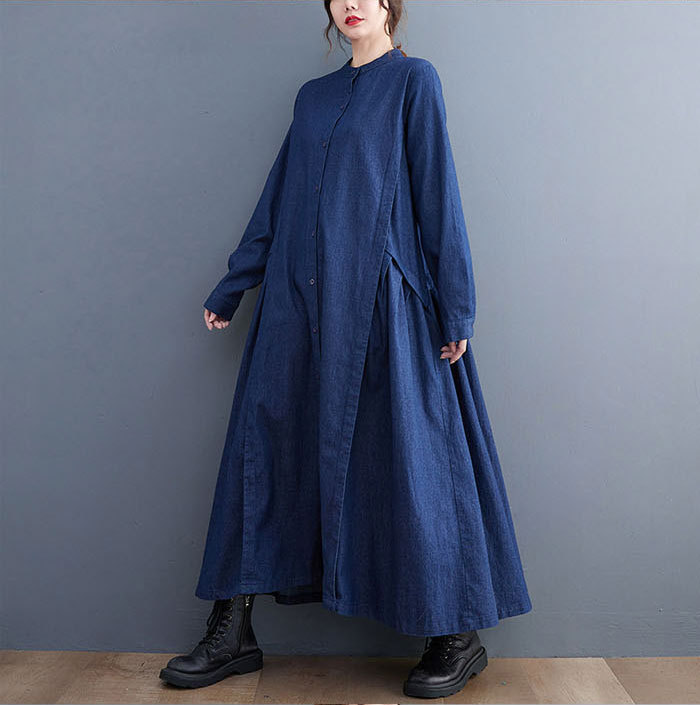 マキシワンピース 秋 レディース 長袖 ワンピース デニム マキシ丈 きれいめ 楽ちん 体型カバー ロング ワンピース 大人可愛い 綿混 麻風 森ガール リネン風ワンピース デニムワンピース ゆったり シンプル 無地 カジュアル デイリー