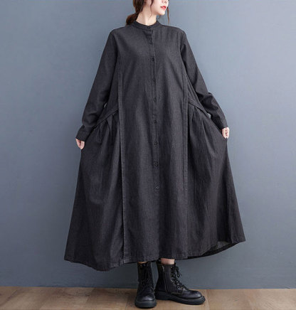 マキシワンピース 秋 レディース 長袖 ワンピース デニム マキシ丈 きれいめ 楽ちん 体型カバー ロング ワンピース 大人可愛い 綿混 麻風 森ガール リネン風ワンピース デニムワンピース ゆったり シンプル 無地 カジュアル デイリー