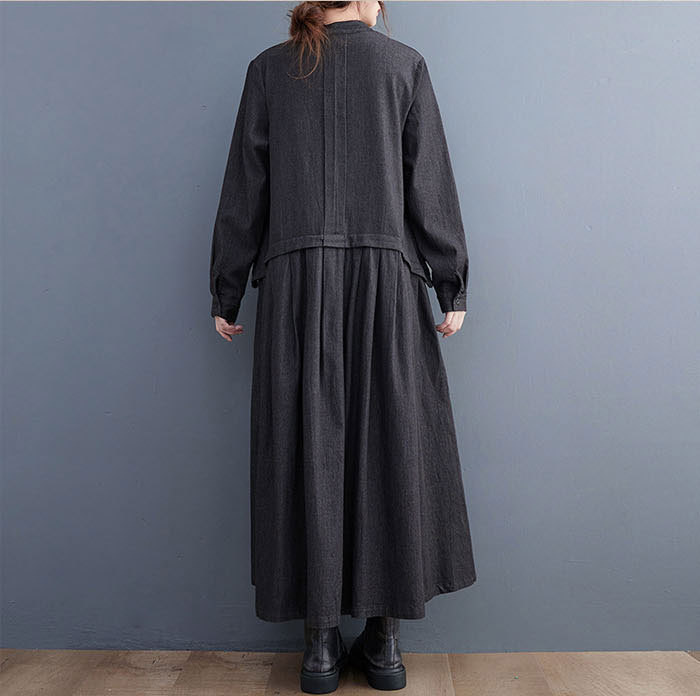 マキシワンピース 秋 レディース 長袖 ワンピース デニム マキシ丈 きれいめ 楽ちん 体型カバー ロング ワンピース 大人可愛い 綿混 麻風 森ガール リネン風ワンピース デニムワンピース ゆったり シンプル 無地 カジュアル デイリー