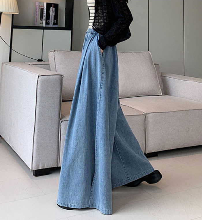 ジーンズ デニムスカーチョ レディース ワイドパンツ スリット ゴムウエスト デニム デニムパンツ きれいめ 股上深め 大きいサイズ 春夏秋冬 フレアパンツ ゆったりシルエット おしゃれ ロングパンツ 無地