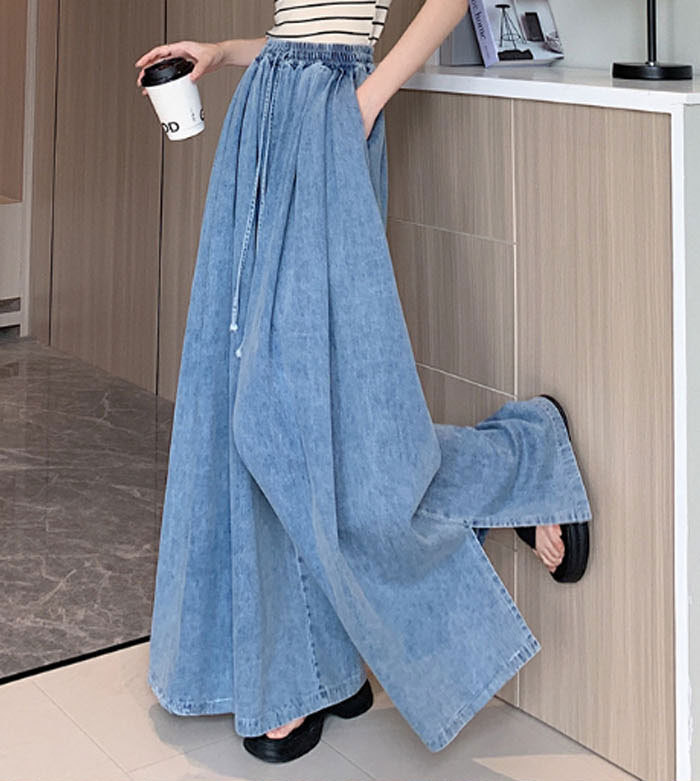 ジーンズ デニムスカーチョ レディース ワイドパンツ スリット ゴムウエスト デニム デニムパンツ きれいめ 股上深め 大きいサイズ 春夏秋冬 フレアパンツ ゆったりシルエット おしゃれ ロングパンツ 無地