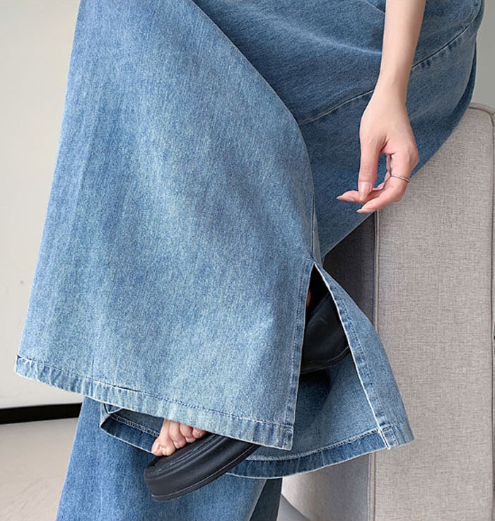 ジーンズ デニムスカーチョ レディース ワイドパンツ スリット ゴムウエスト デニム デニムパンツ きれいめ 股上深め 大きいサイズ 春夏秋冬 フレアパンツ ゆったりシルエット おしゃれ ロングパンツ 無地