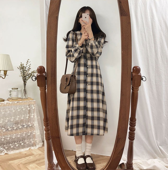 シャツワンピース レディース ロングワンピース チェックワンピース 長袖 チェック柄 シンプル 体型カバー マキシ丈 ゆるっと ミモレ 春 夏 カジュアル ナチュラル プレゼント 大人可愛い ネイビー ベージュ 韓国 送料無料 30代 40代 50代