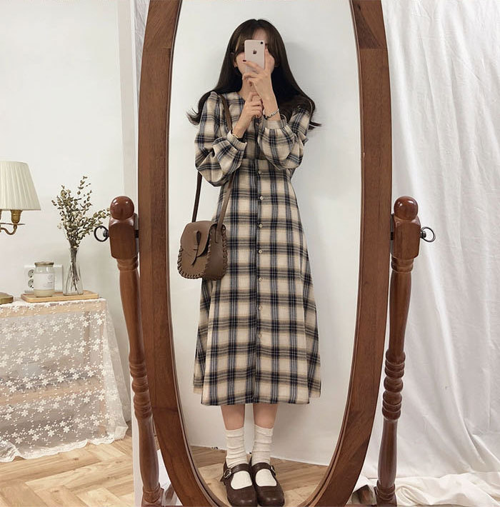 シャツワンピース レディース ロングワンピース チェックワンピース 長袖 チェック柄 シンプル 体型カバー マキシ丈 ゆるっと ミモレ 春 夏 カジュアル ナチュラル プレゼント 大人可愛い ネイビー ベージュ 韓国 送料無料 30代 40代 50代