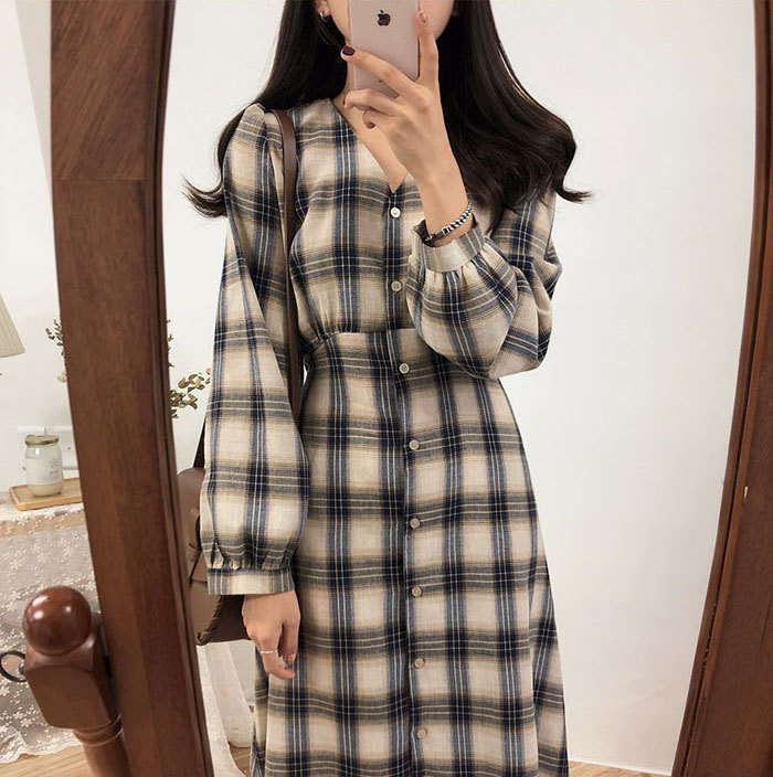シャツワンピース レディース ロングワンピース チェックワンピース 長袖 チェック柄 シンプル 体型カバー マキシ丈 ゆるっと ミモレ 春 夏 カジュアル ナチュラル プレゼント 大人可愛い ネイビー ベージュ 韓国 送料無料 30代 40代 50代