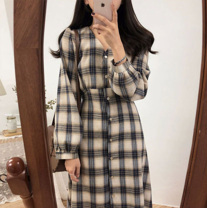 シャツワンピース レディース ロングワンピース チェックワンピース 長袖 チェック柄 シンプル 体型カバー マキシ丈 ゆるっと ミモレ 春 夏 カジュアル ナチュラル プレゼント 大人可愛い ネイビー ベージュ 韓国 送料無料 30代 40代 50代
