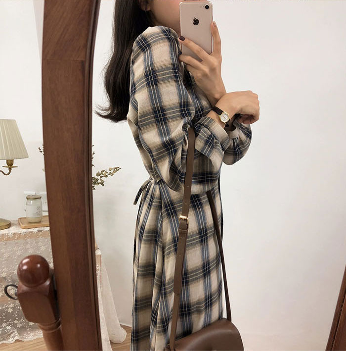 シャツワンピース レディース ロングワンピース チェックワンピース 長袖 チェック柄 シンプル 体型カバー マキシ丈 ゆるっと ミモレ 春 夏 カジュアル ナチュラル プレゼント 大人可愛い ネイビー ベージュ 韓国 送料無料 30代 40代 50代