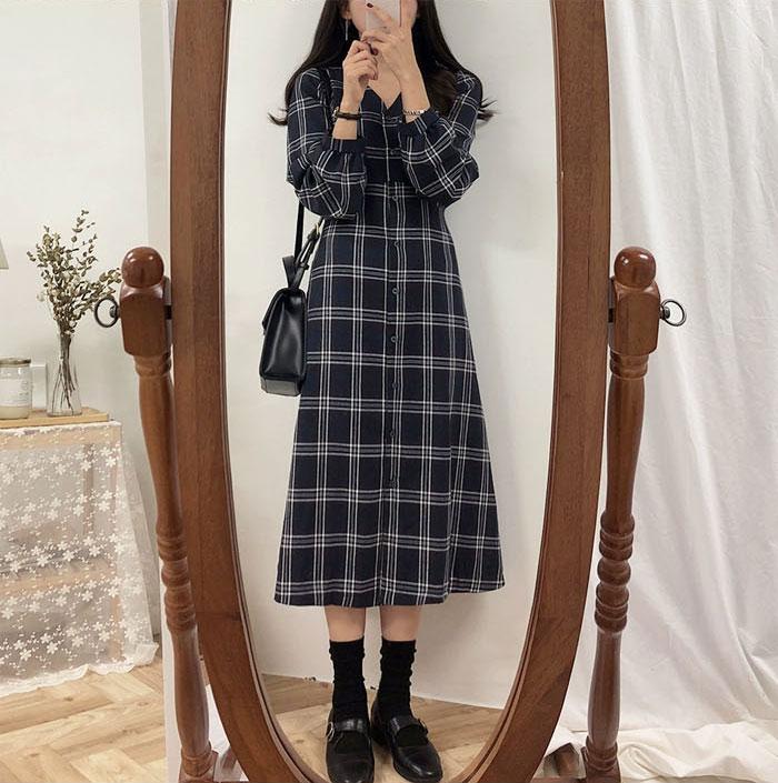 シャツワンピース レディース ロングワンピース チェックワンピース 長袖 チェック柄 シンプル 体型カバー マキシ丈 ゆるっと ミモレ 春 夏 カジュアル ナチュラル プレゼント 大人可愛い ネイビー ベージュ 韓国 送料無料 30代 40代 50代