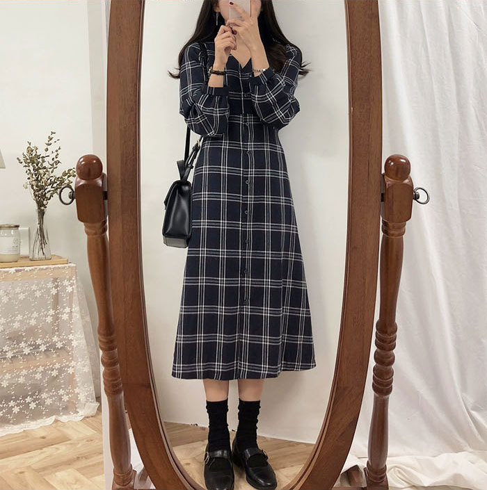 シャツワンピース レディース ロングワンピース チェックワンピース 長袖 チェック柄 シンプル 体型カバー マキシ丈 ゆるっと ミモレ 春 夏 カジュアル ナチュラル プレゼント 大人可愛い ネイビー ベージュ 韓国 送料無料 30代 40代 50代