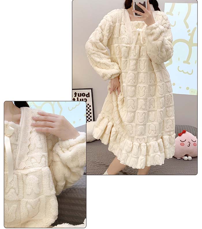 ネグリジェ お姫系 マイクロファイバー ボア 厚め 無地 春秋 冬 長袖 暖かめ 保温性 ナイトウエア ナイトドレス ルームウエア パジャマ 部屋着 北欧風 可愛い 上品 高級 オールシーズン 洗える 肌触りよい おしゃれ 綺麗 大きいサイズ 2L 3L 4L 5L