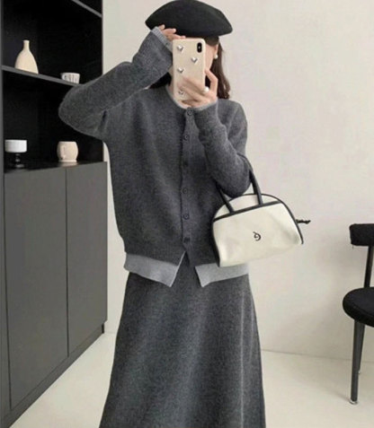 ニットセットアップ パンツ レディース レイヤード風 柔らかい セットアップ スカート スカートスーツ オーバー 秋冬 40代 30代 カジュアル 重ね着風 脚長効果 長袖 ゆったり 保温性 暖かめ 体型カバー 着瘦せ効果 無地 通勤 入園式 送料無料